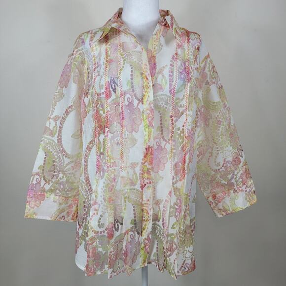 Coldwater Creek Tops - Coldwater Creek Button Up Shirt 2X White Multicolor Sheer Pleated Coastal Resort